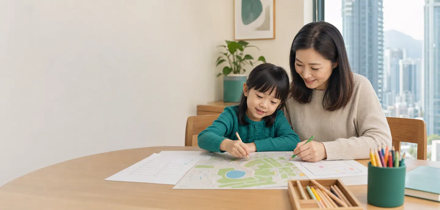 家長與年幼孩子在家中桌前一起畫畫和進行輕鬆練習